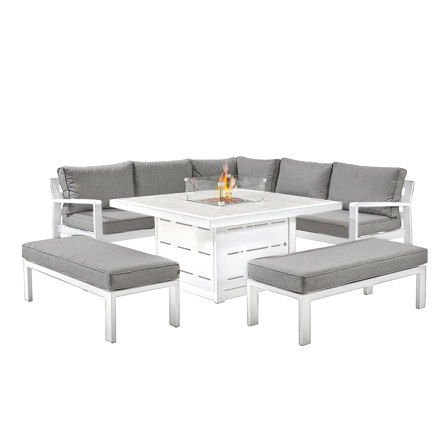 The Tutbury Fire Pit Table Garden Set creates an inviting outdoor living space. This patio set includes a propane fire pit table, corner sofa, and two benches to comfortably seat up to 5 people around flickering flames. Durable steel construction built to withstand weather and heavy use for years.