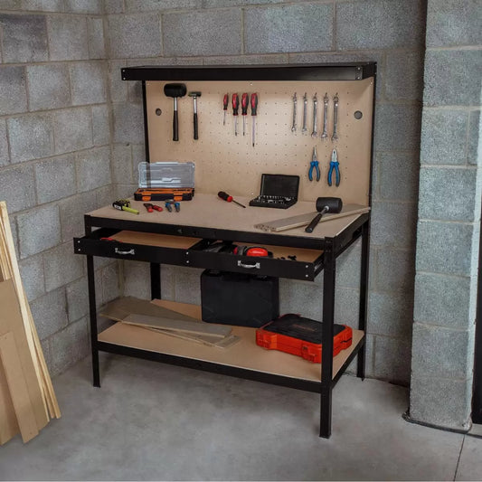 Workbench with Pegboard, Drawer & Light (Colours: Black, Blue & Red)