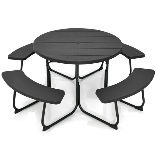 Set the stage for unforgettable gatherings with our 8-person round picnic table bench set, featuring four benches and an umbrella hole. Whether it's a family picnic or a casual outdoor meal with friends, this set offers ample seating and convenience. Crafted for durability and style, elevate your outdoor space with this versatile picnic table set. Explore our collection for top-quality round picnic table bench sets designed for lasting enjoyment