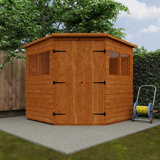 Burnt Orange Shiplap Corner Shed: Vibrant and Functional Outdoor Storage in 6x6, 7x7, 8x8 Sizes