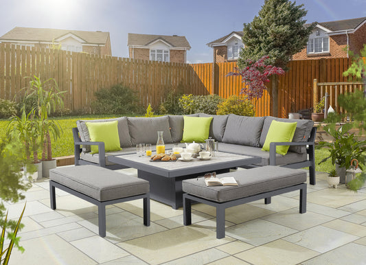 Tutbury Dual Height Square Table Garden Set with Corner Sofa and x2 Large Benches