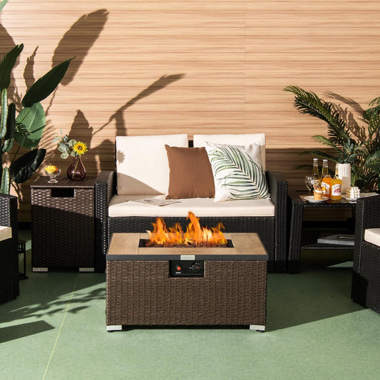 Immerse yourself in outdoor coziness with our 40,000 BTU propane rattan fire pit table set, featuring a side table tank and cover. Ideal for patio gatherings, this set brings warmth and style to your outdoor area. Embrace memorable evenings under the stars with this versatile fire pit table set. Explore our collection for top-quality propane rattan fire pit table sets with side table tanks and covers