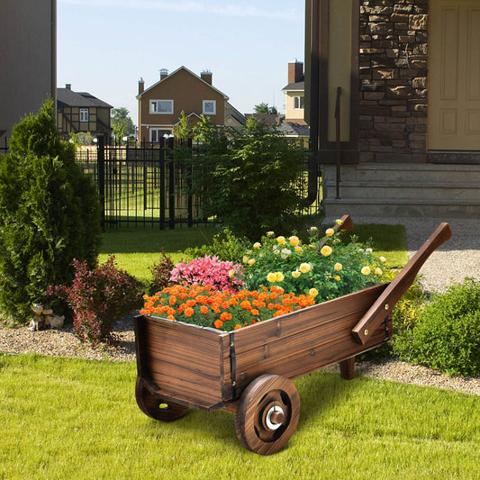 Wooden Wagon Planter Box with Wheels and Drainage Hole